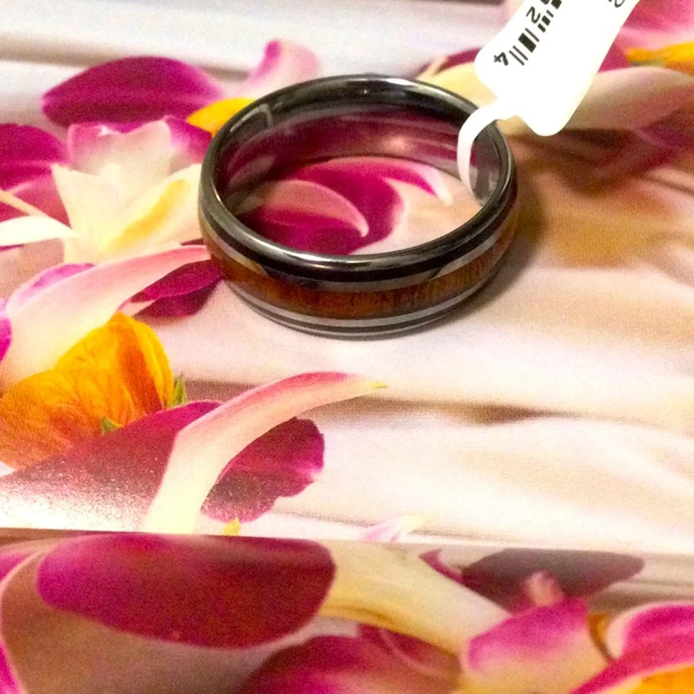 Big Sale,Koa Wood and Abolani inlaid with Tungsten’s ring.8MM Size 12”